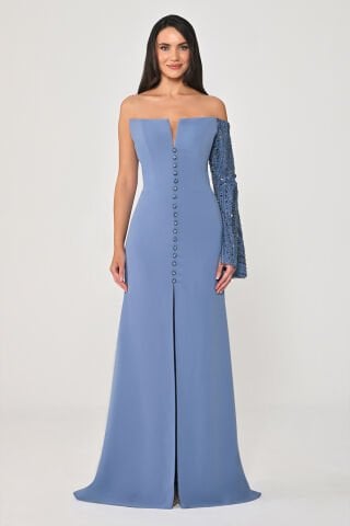 Payet Kollu Bolerolu Önden Düğmeli Krep Uzun Elbise