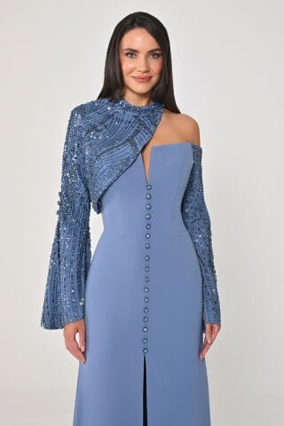 Payet Kollu Bolerolu Önden Düğmeli Krep Uzun Elbise