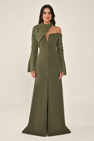 Payet Kollu Bolerolu Önden Düğmeli Krep Uzun Elbise