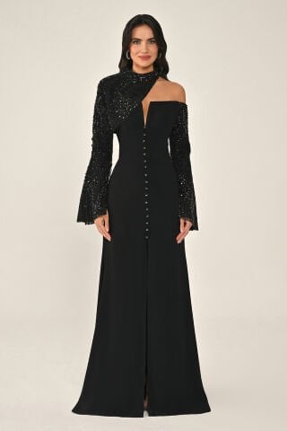 Payet Kollu Bolerolu Önden Düğmeli Krep Uzun Elbise