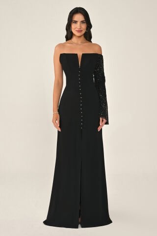 Payet Kollu Bolerolu Önden Düğmeli Krep Uzun Elbise