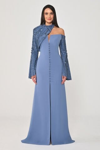 Payet Kollu Bolerolu Önden Düğmeli Krep Uzun Elbise