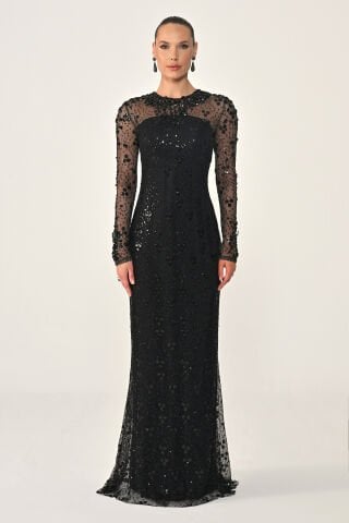 Uzun Kollu Sırt Dekolteli Payet Uzun Elbise