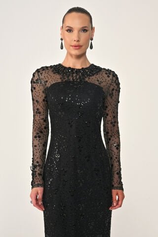 Uzun Kollu Sırt Dekolteli Payet Uzun Elbise