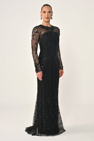 Uzun Kollu Sırt Dekolteli Payet Uzun Elbise