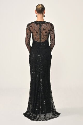 Uzun Kollu Sırt Dekolteli Payet Uzun Elbise