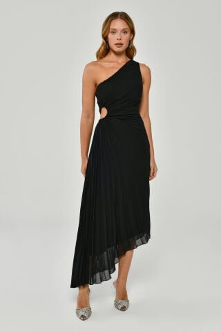 One Shoulder Waist Pleat and Decollete Asymmetric Cut Chiffon Midi Dress