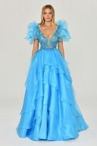 Tüy Boncuk İşlemeli Katlı Prenses Organze Kumaş Uzun Elbise