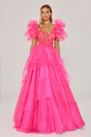 Tüy Boncuk İşlemeli Katlı Prenses Organze Kumaş Uzun Elbise