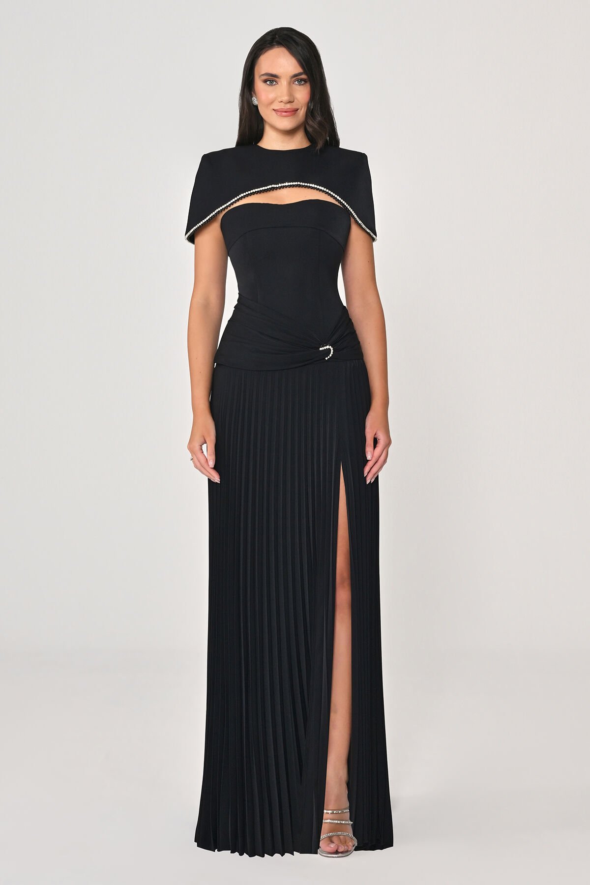 Bolerolu Belden Drapeli Pliseli Etekli Uzun Elbise