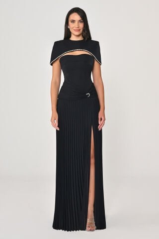 Bolerolu Belden Drapeli Pliseli Etekli Uzun Elbise