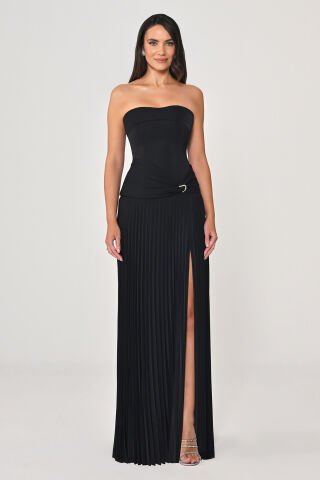 Bolerolu Belden Drapeli Pliseli Etekli Uzun Elbise