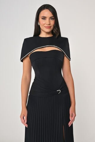 Bolerolu Belden Drapeli Piliseli Etekli Uzun Elbise