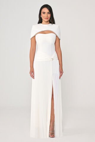 Bolerolu Belden Drapeli Pliseli Etekli Uzun Elbise