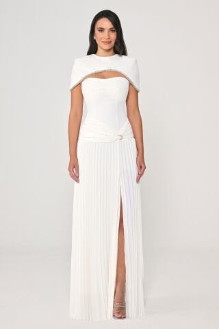 Bolerolu Belden Drapeli Piliseli Etekli Uzun Elbise