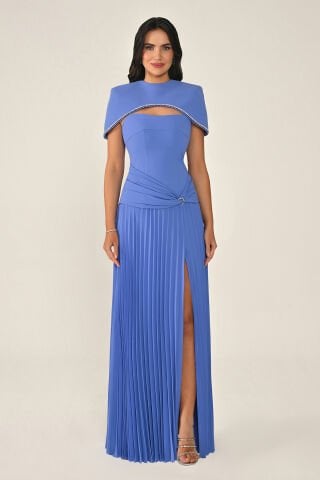 Bolerolu Belden Drapeli Piliseli Etekli Uzun Elbise