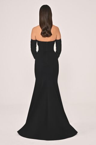 Straplez Yaka ve Kol Taşlı File Krep Uzun Elbise Siyah - 44