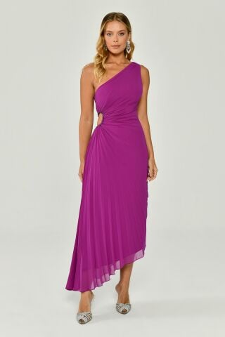 One Shoulder Waist Pleat and Decollete Asymmetric Cut Chiffon Midi Dress