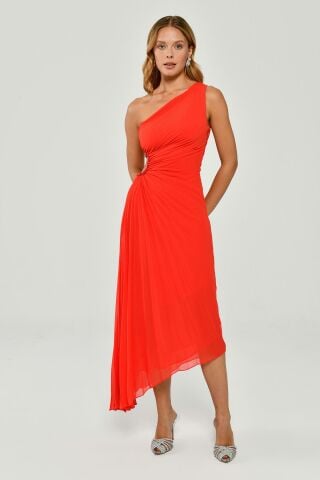 One Shoulder Waist Pleat and Decollete Asymmetric Cut Chiffon Midi Dress