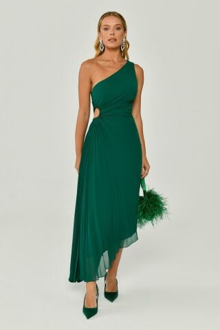 One Shoulder Waist Pleat and Decollete Asymmetric Cut Chiffon Midi Dress