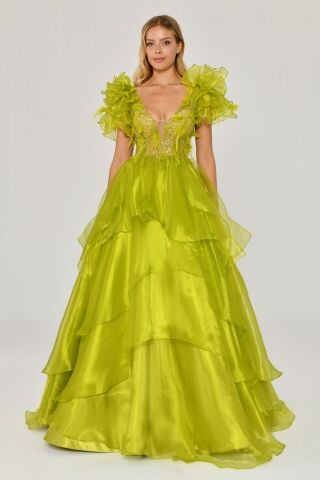 Langes Prinzessinnenkleid aus Organza mit Federn und Perlen