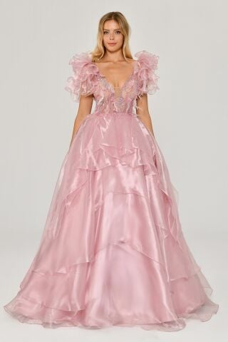 Tüy Boncuk İşlemeli Katlı Prenses Organze Kumaş Uzun Elbise