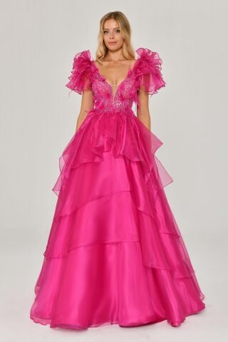 Tüy Boncuk İşlemeli Katlı Prenses Organze Kumaş Uzun Elbise