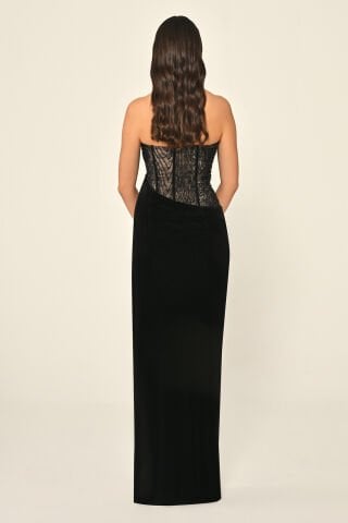 Straplez Üst Korse Dantel Eteği Kadife Uzun Elbise