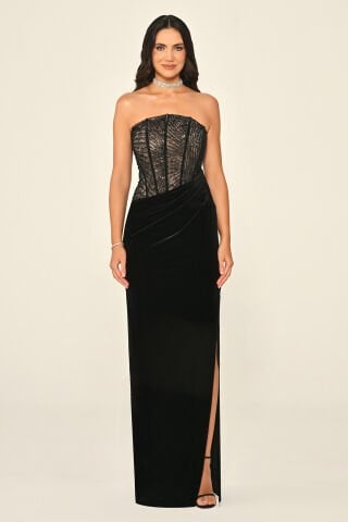 Straplez Üst Korse Dantel Eteği Kadife Uzun Elbise