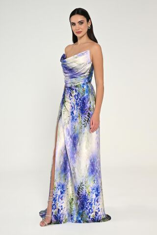 Kayık Yaka Yırtmaçlı Desenli Saten Elbise MOR / YEŞİL - 44