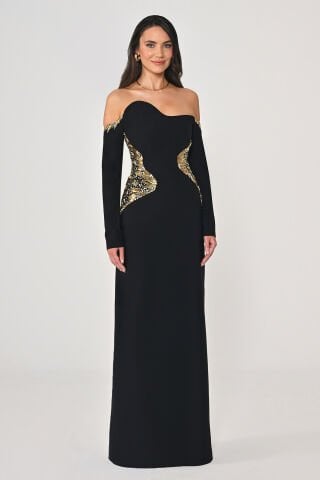 Üst Asimetrik Kesim Beli Aksesuarlı Krep Uzun Elbise