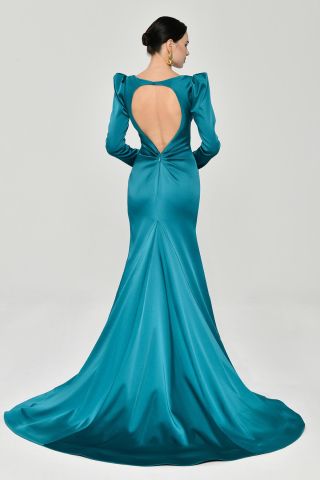 Uzun Kollu Vatkalı Önü Büzgülü Saten Uzun Elbise TURKUAZ - 42