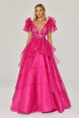 Langes Prinzessinnenkleid aus Organzastoff mit Feder- und Perlenstickerei, Fuchsie – 40
