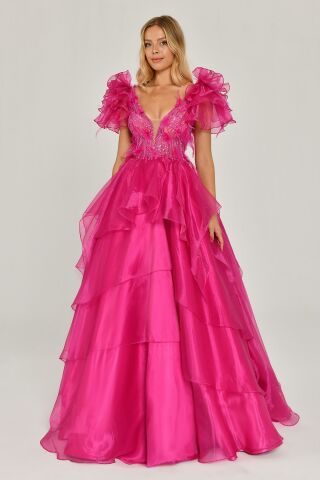 Langes Prinzessinnenkleid aus Organzastoff mit Feder- und Perlenstickerei, Fuchsie – 40