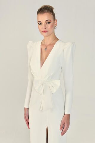 V-Ausschnitt Langarm Schlitz Langes Kleid Weiß - 44