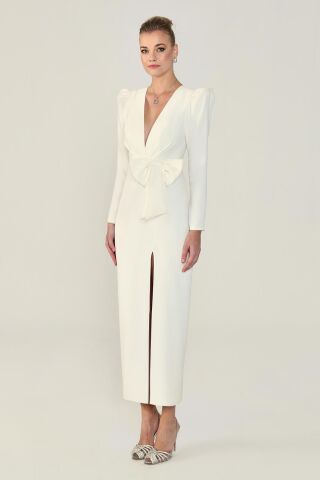 V-Ausschnitt Langarm Schlitz Langes Kleid Weiß - 44