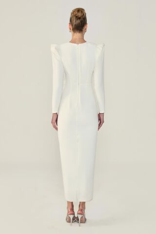 V-Ausschnitt Langarm Schlitz Langes Kleid Weiß - 44