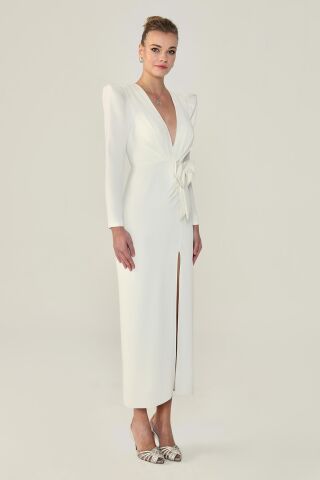V-Ausschnitt Langarm Schlitz Langes Kleid Weiß - 46
