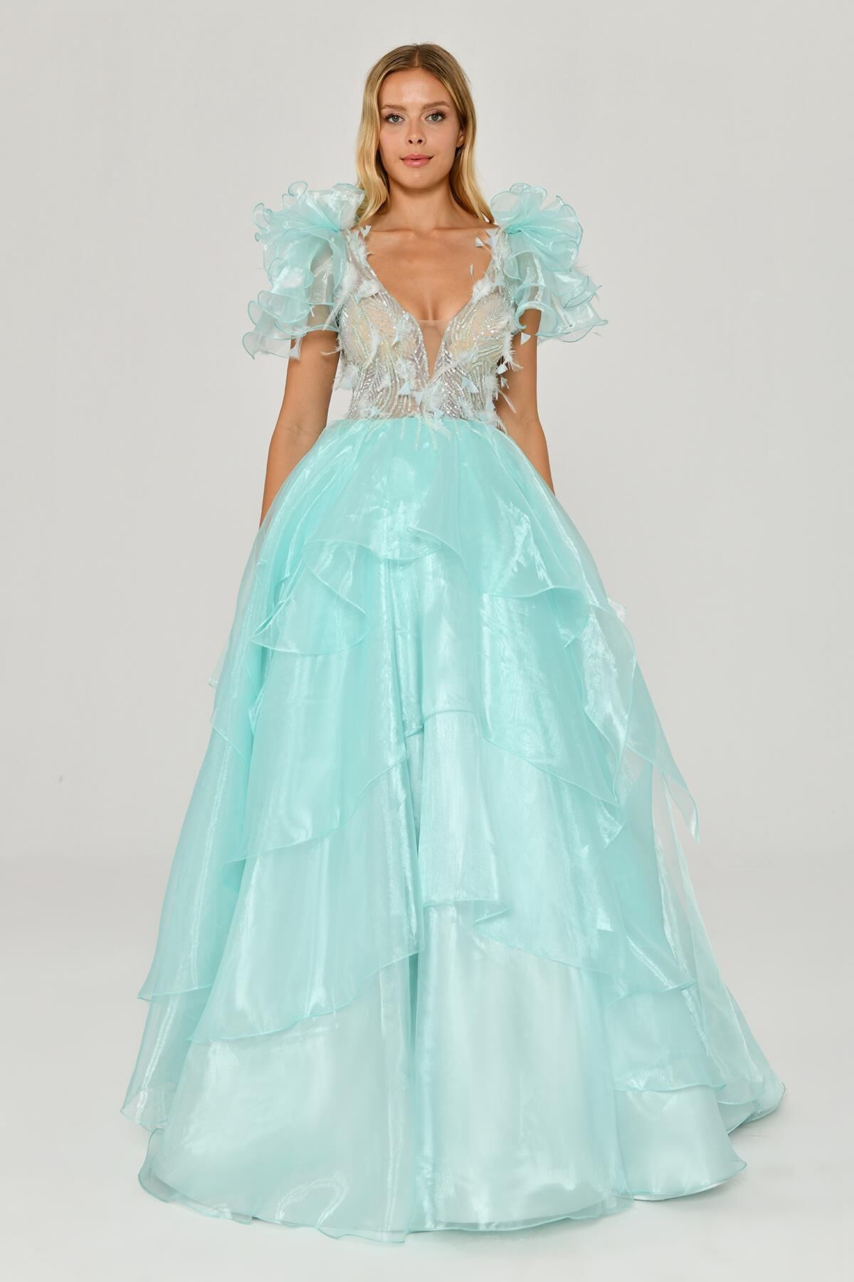 Tüy Boncuk İşlemeli Katlı Prenses Organze Kumaş Uzun Elbise MİNT - 36