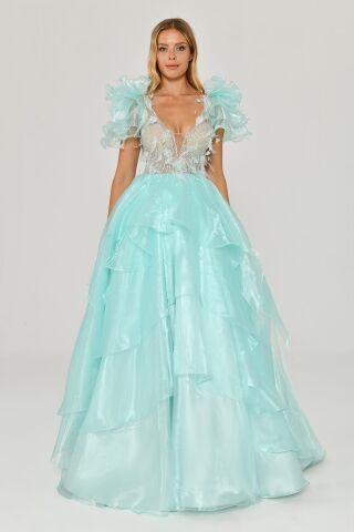 Tüy Boncuk İşlemeli Katlı Prenses Organze Kumaş Uzun Elbise MİNT - 36