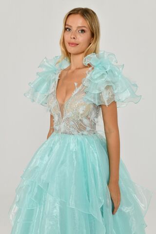 Tüy Boncuk İşlemeli Katlı Prenses Organze Kumaş Uzun Elbise MİNT - 36