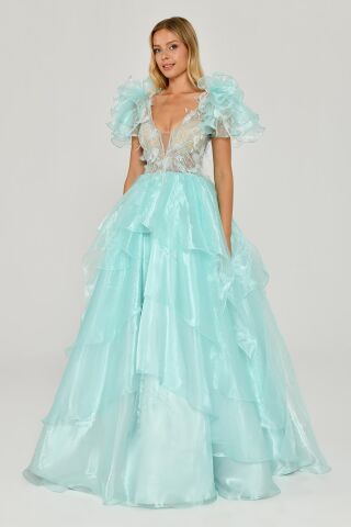 Tüy Boncuk İşlemeli Katlı Prenses Organze Kumaş Uzun Elbise MİNT - 36