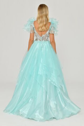 Tüy Boncuk İşlemeli Katlı Prenses Organze Kumaş Uzun Elbise MİNT - 36