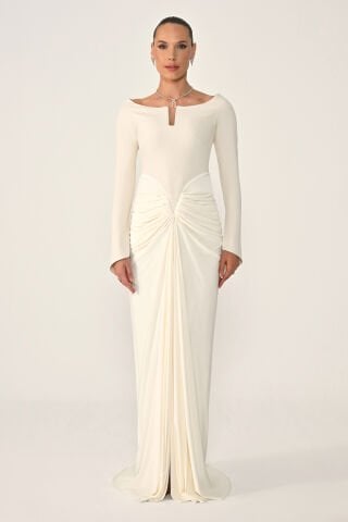 Uzun Kollu Drapeli Örme Kumaş Uzun Elbise