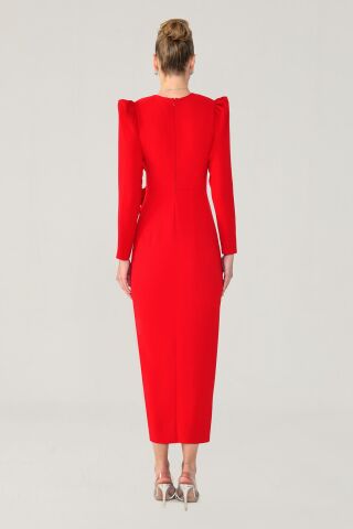 V Yaka Uzun Kollu Yırtmaçlı Uzun Elbise Kırmızı - 36