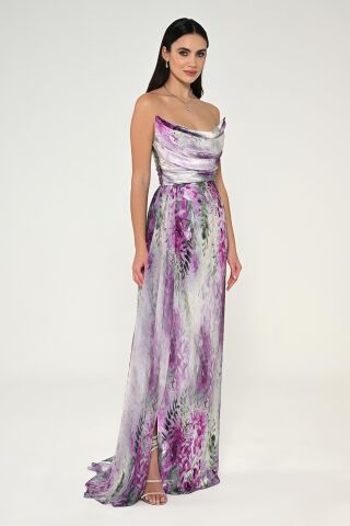 Kayık Yaka Yırtmaçlı Desenli Saten Elbise FUŞYA / YEŞİL - 40