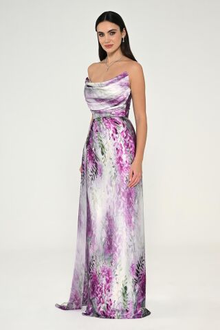 Kayık Yaka Yırtmaçlı Desenli Saten Elbise FUŞYA / YEŞİL - 40