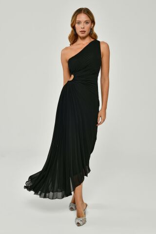 One Shoulder Waist Pleat and Decollete Asymmetrical Cut Chiffon Midi Dress Black - 42