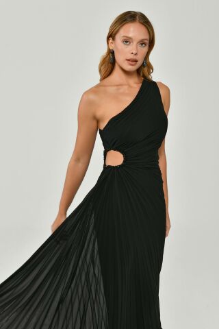 One Shoulder Waist Pleat and Decollete Asymmetrical Cut Chiffon Midi Dress Black - 42