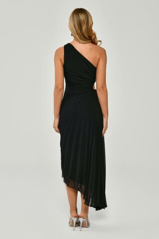 One Shoulder Waist Pleat and Decollete Asymmetrical Cut Chiffon Midi Dress Black - 42